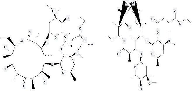 Erythromycin ethylsuccinate can be used to produce succinic acid 4-dimethylamino-2-[5-ethyl-3-hydroxy-9-(5-hydroxy-4-methoxy-4,6-dimethyl-tetrahydro-pyran-2-yloxy)-2,4,8,10,12,14-hexamethyl-7-oxo-6,15,16-trioxa-tricyclo[10.2.1.11,4]hexadec-11-yloxy] at the ambient temperature